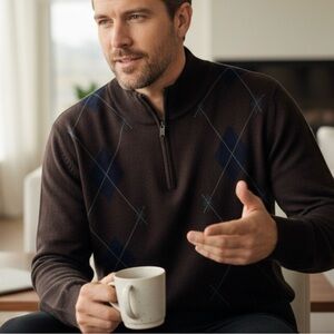 Toscano Men's Black Brown Argyle Merino blend 3/4 zip XL